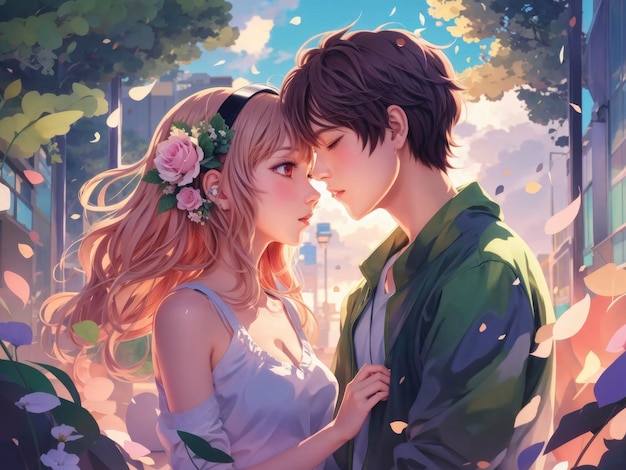 한 커플이 꽃밭 한가운데에 함께 서 있다