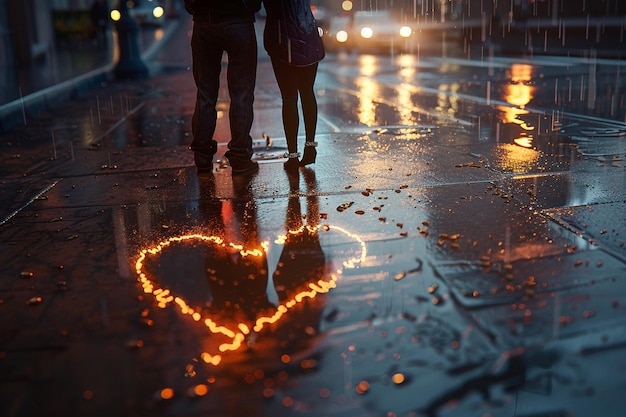 a couple is standing in the rain with a heart on the street