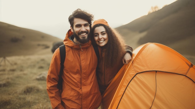 A couple is standing next to a tent with a sunset in the background.