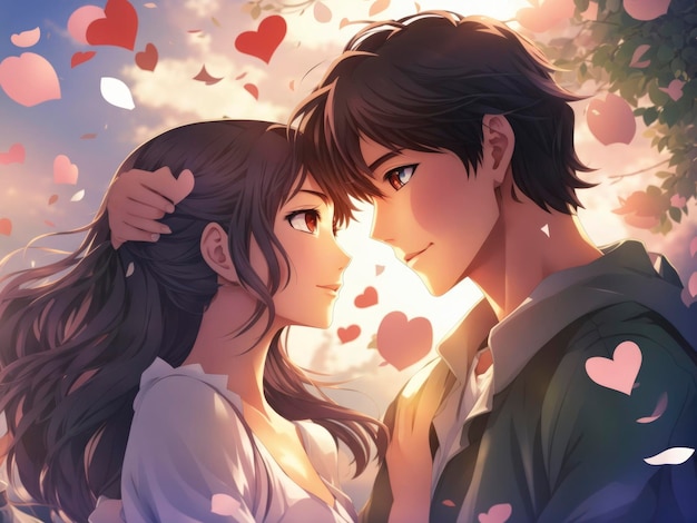 a couple is standing under a tree with hearts flying around them and a sky background