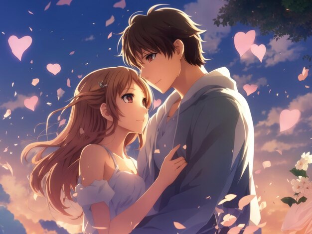 a couple is standing under a tree with hearts flying around them and a sky background
