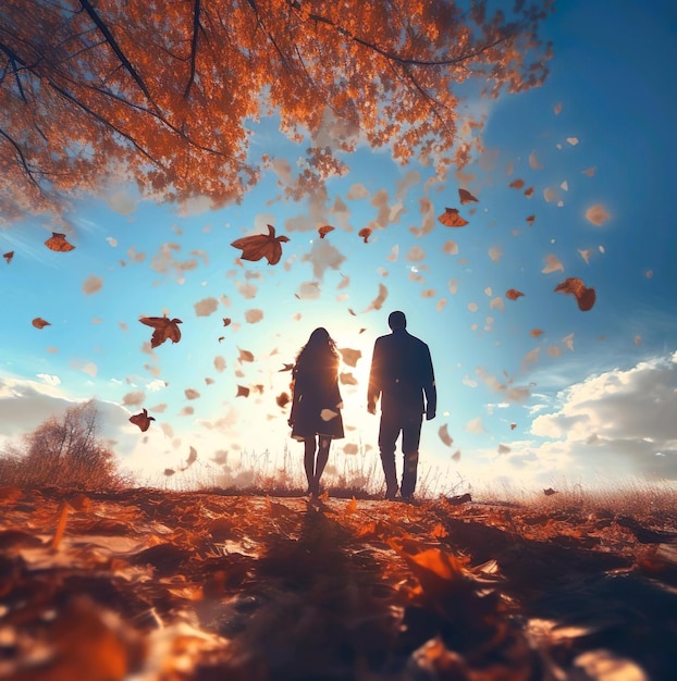 한 커플이 하늘에서 낙엽이 떨어지는 숲 속을 걷고 있다