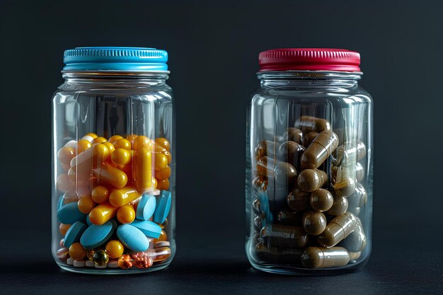 Photo a couple of jars filled with different types of pills