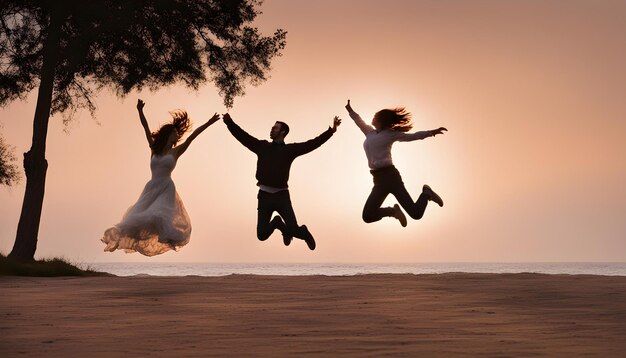 Photo a couple jumping in the air with the sun behind them