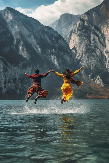 Photo a couple jumps to the ocean