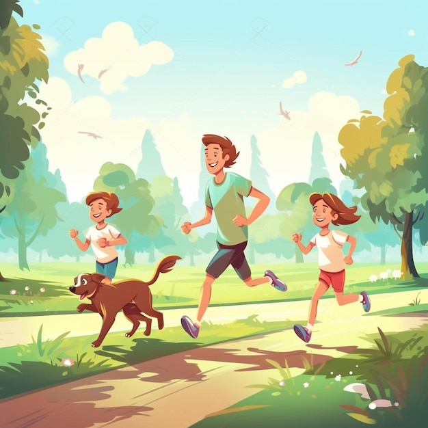 a couple of kids and a dog running in a park