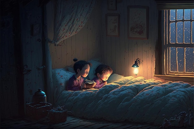 Couple of kids sitting on top of a bed Generative Ai