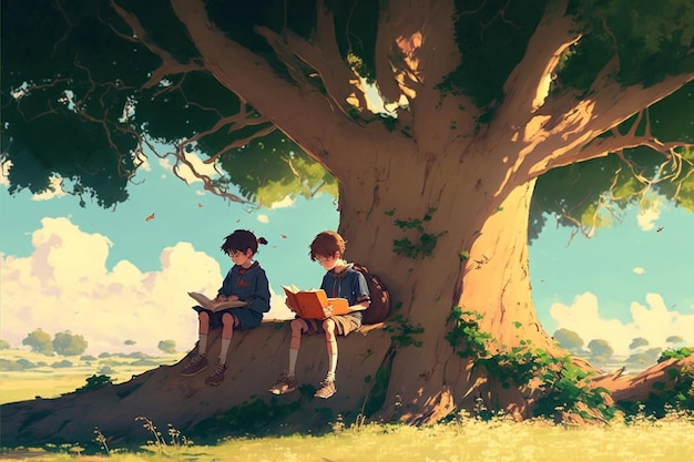 Couple of kids sitting on top of a tree Generative Ai