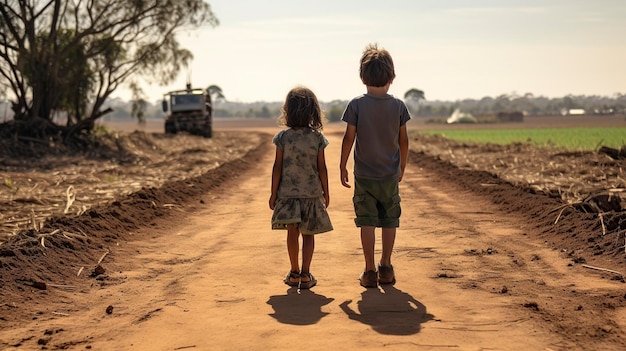 couple of kids standing next to each other on a dirt road