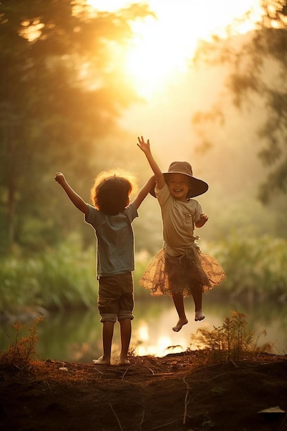 a couple of kids standing on top of a dirt field