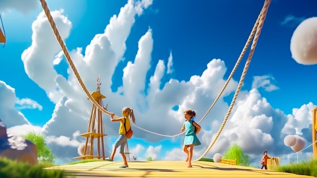 Couple of kids standing on top of wooden platform Generative AI