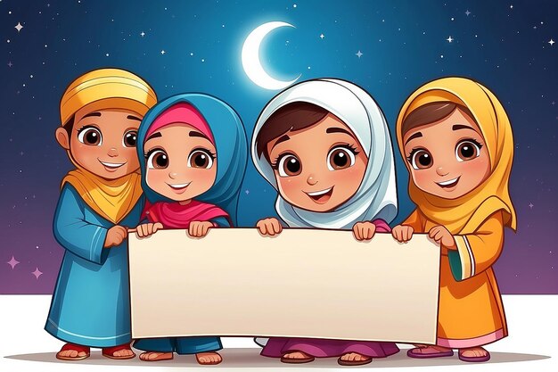 Photo couple kids with blank banner ramadan kareem greeting card cartoon illustration