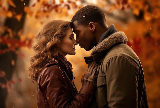 a couple kisses during the autumn in the style of focus on joints connections