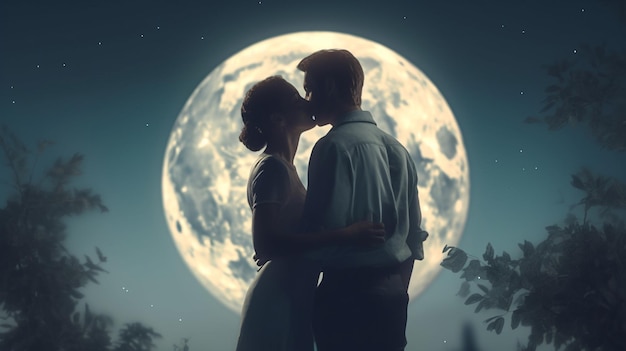 Couple kissing on the background of the full moon Generative Ai