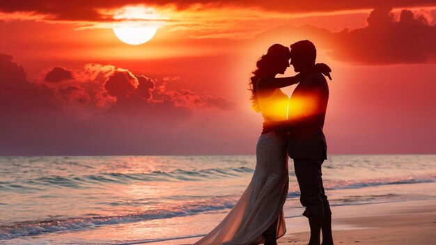 a couple kissing on the beach at sunset