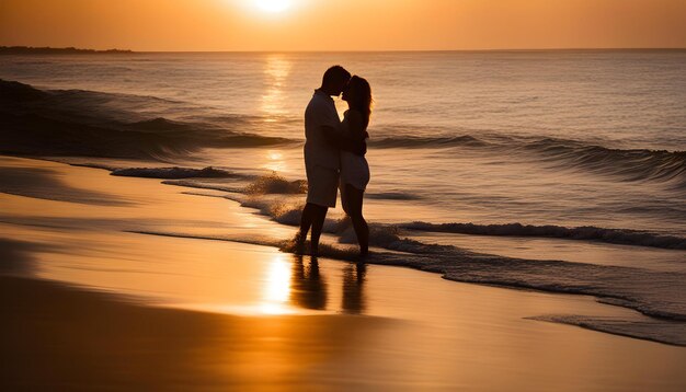 a couple kissing on the beach at sunset