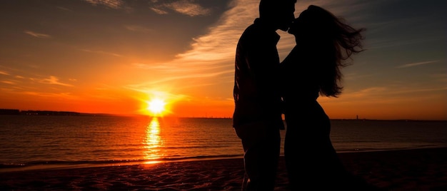 Foto coppia che si bacia sulla spiaggia con un bellissimo tramonto sullo sfondo