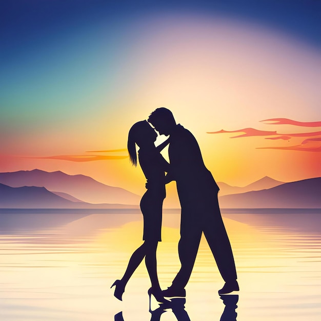 a couple kissing on a beach with a sunset in the background