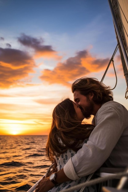 Photo a couple kissing on a boat with the sun setting behind them