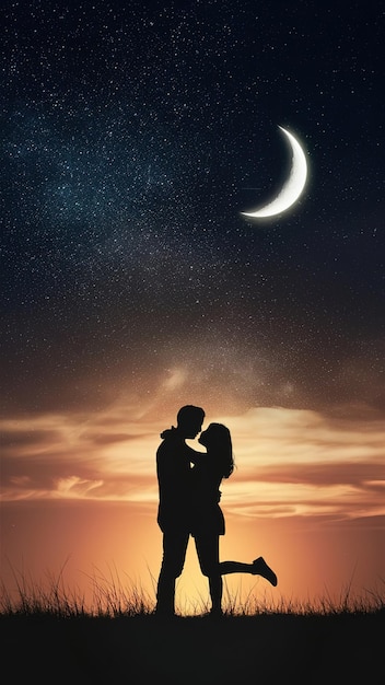 a couple kissing under a crescent moon at night