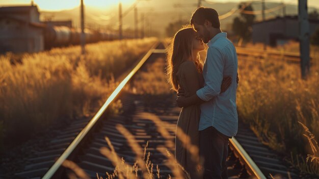 鉄道線路でキスし抱きしめるカップル