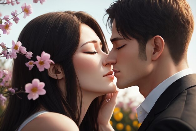 A couple kissing in a field of flowers