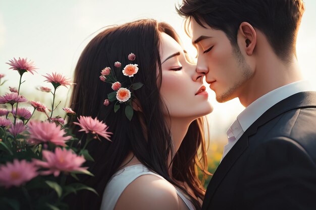 A couple kissing in a field of flowers