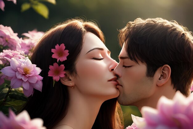 A couple kissing in a field of flowers