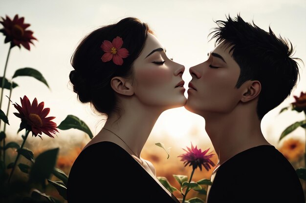 A couple kissing in a field of flowers