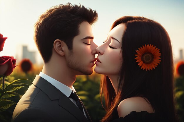 A couple kissing in a field of flowers