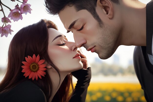 A couple kissing in a field with flowers in the foreground