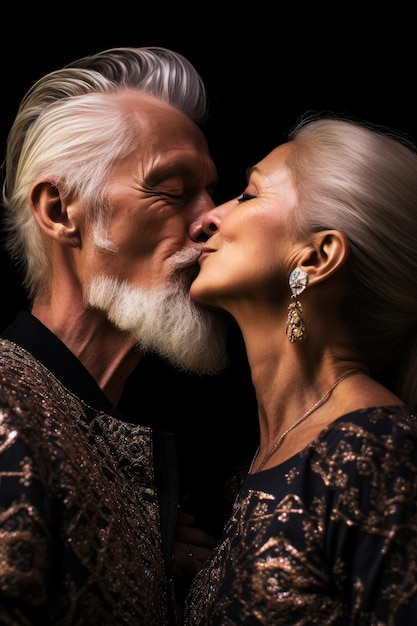 A couple kissing in front of a black background.