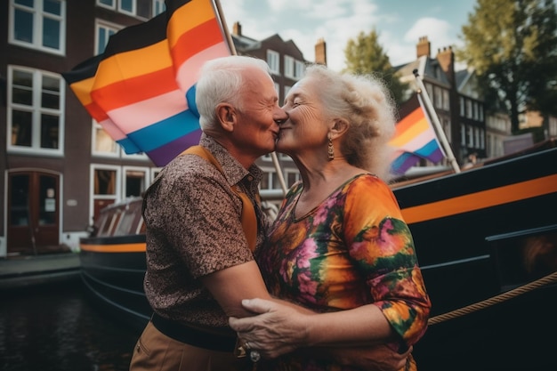 A couple kissing in front of a boat with a rainbow flag on it.