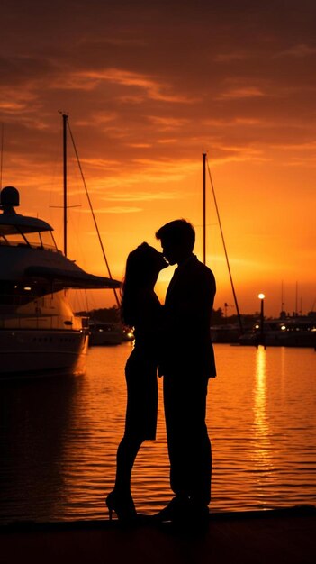 Photo a couple kissing in front of a boat with the sun behind them