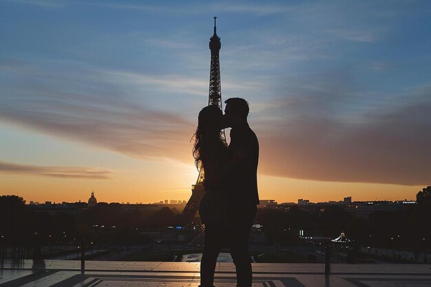 Foto una coppia che si bacia davanti alla torre eiffel