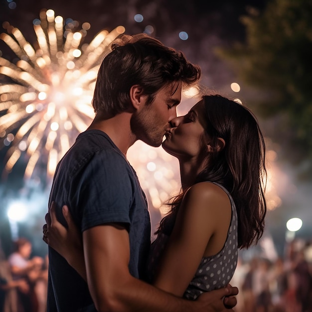 ニューヨーク市の花火の前でキスするカップル
