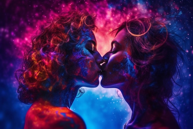 銀河の背景の前でキスするカップル