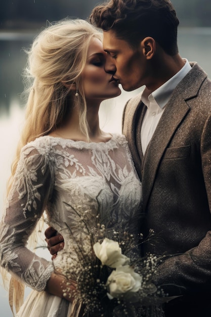 A couple kissing in front of a lake