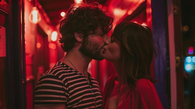 a couple kissing in front of a red light