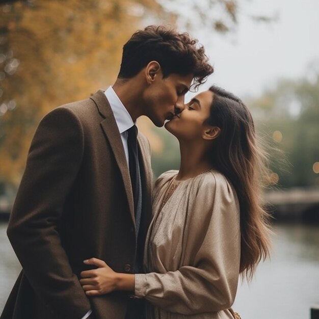 A couple kissing in front of a river