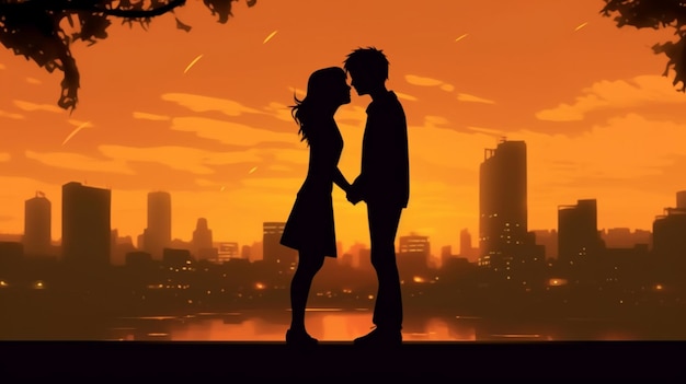 A couple kissing in front of a sunset background