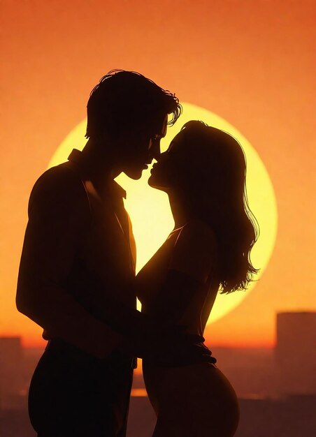 a couple kissing in front of a sunset