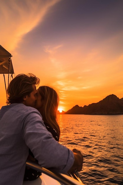 a couple kissing in front of a sunset