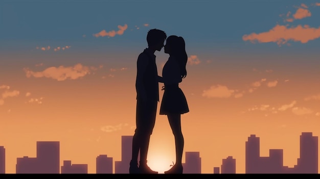 A couple kissing in front of a sunset