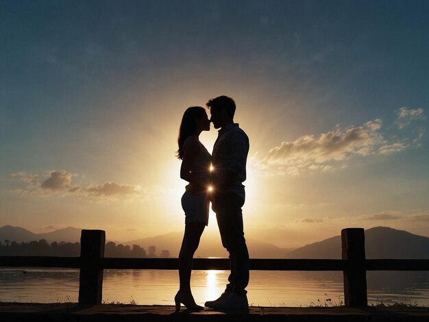 a couple kissing on a pier with the sun behind them