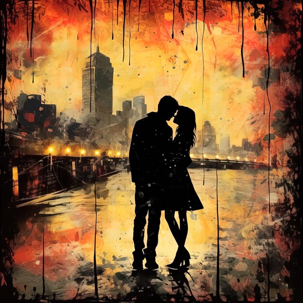 Photo a couple kissing in the rain with a city in the background