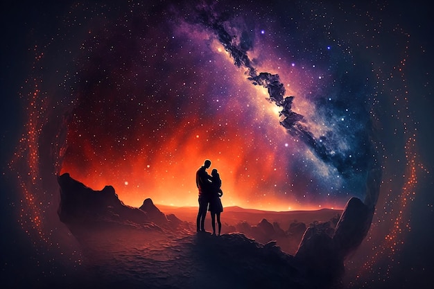 A couple kissing under a starry sky