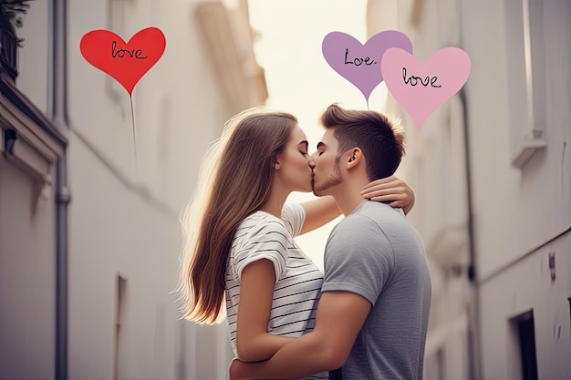 街でキスするカップル 若いカップル 恋のキス ガールフレンドのキス キスの日