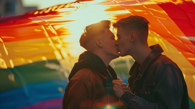 Photo a couple kissing under an umbrella in front of a sunset