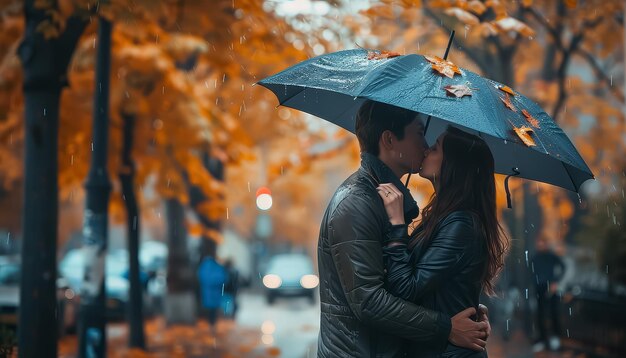 Photo a couple kissing under an umbrella in the rain